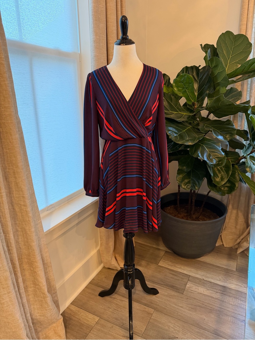 Express Striped Wrap Dress in Navy with Red & Blue Accents